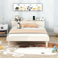 Lit jumeau avec tête de lit de rangement, étagère et port de chargement USB intégré, fini blanc délavé