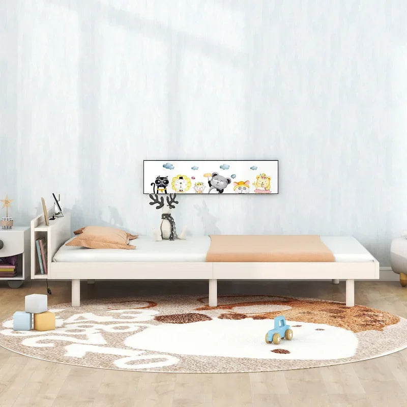 Lit jumeau avec tête de lit de rangement, étagère et port de chargement USB intégré, fini blanc délavé