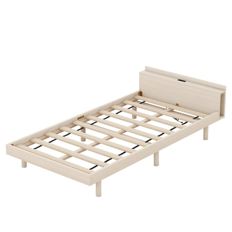 Lit jumeau avec tête de lit de rangement, étagère et port de chargement USB intégré, fini blanc délavé