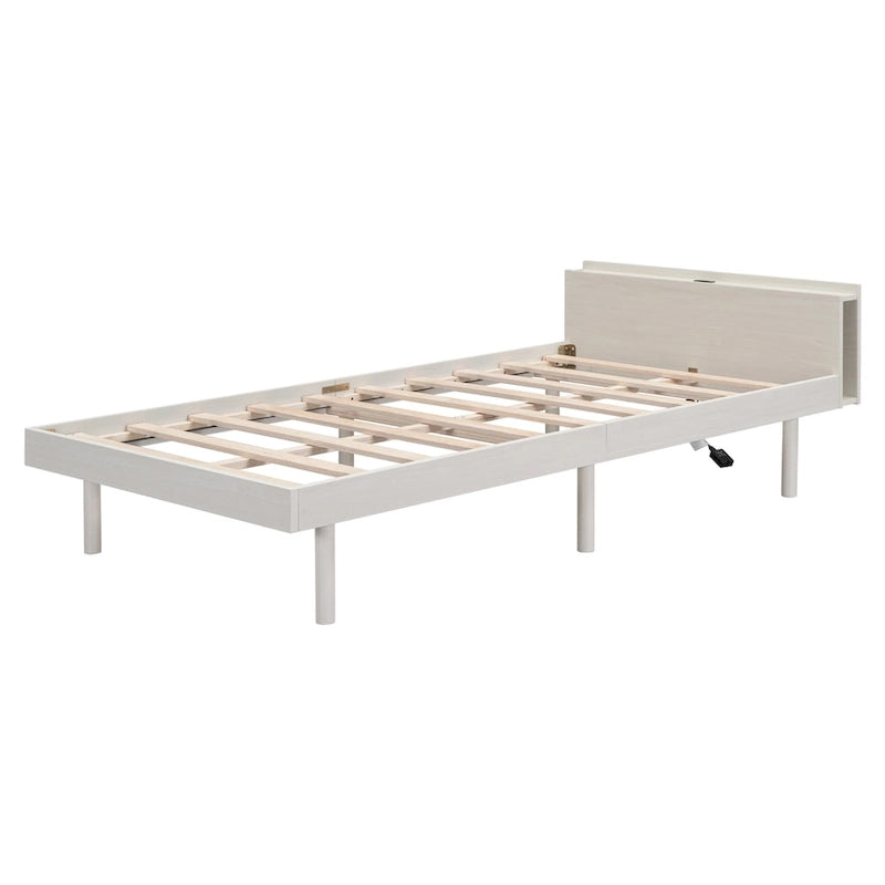 Lit jumeau avec tête de lit de rangement, étagère et port de chargement USB intégré, fini blanc délavé