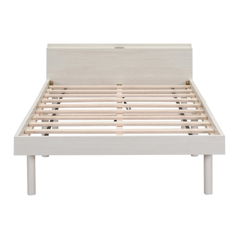Lit jumeau avec tête de lit de rangement, étagère et port de chargement USB intégré, fini blanc délavé