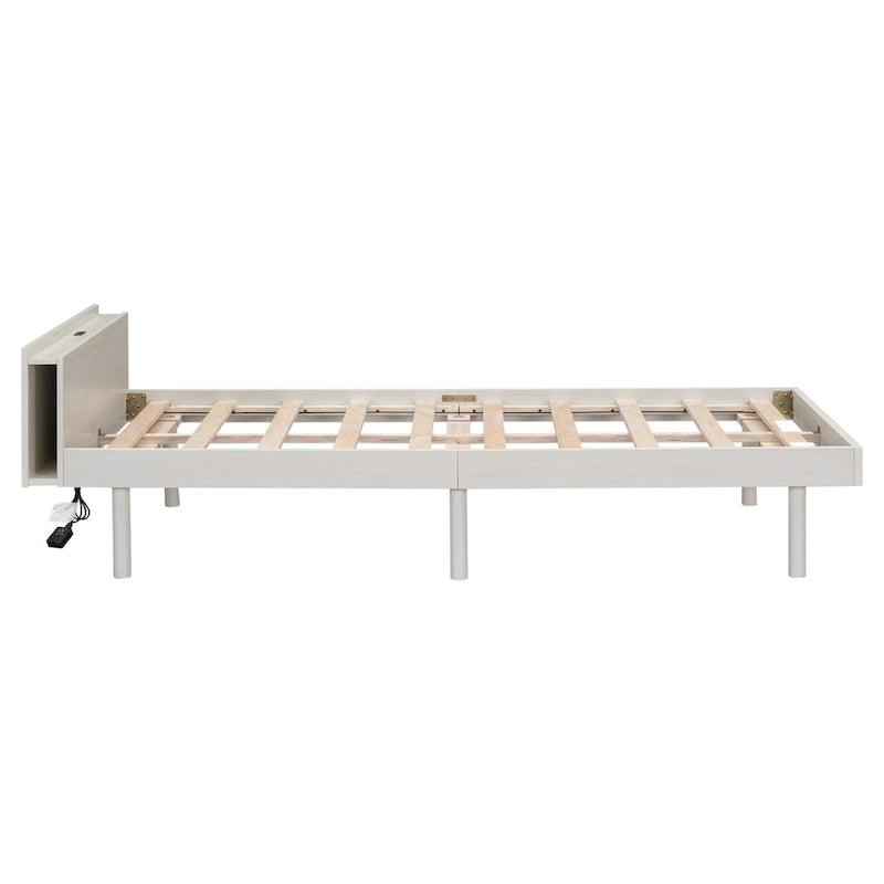 Lit jumeau avec tête de lit de rangement, étagère et port de chargement USB intégré, fini blanc délavé