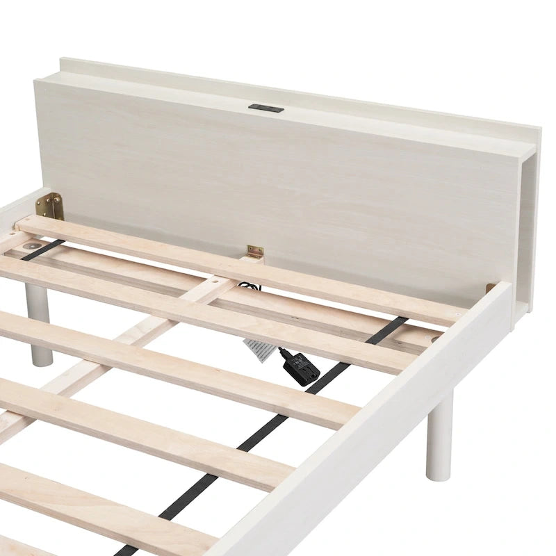 Lit jumeau avec tête de lit de rangement, étagère et port de chargement USB intégré, fini blanc délavé