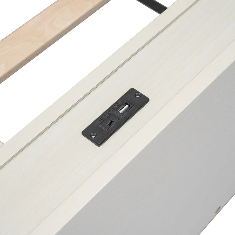 Lit jumeau avec tête de lit de rangement, étagère et port de chargement USB intégré, fini blanc délavé