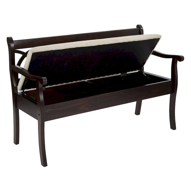 Banc de rangement d'entrée avec compartiment caché à couvercle relevable, dossier arqué et siège rembourré noir