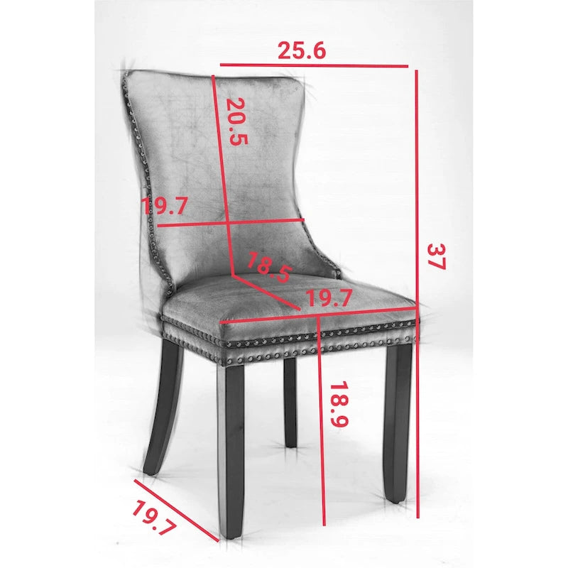 Chaise de salle à manger à oreilles en velours avec clous décoratifs et surpiqûres en losange bleues