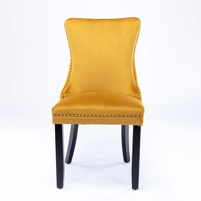Chaise de salle à manger à oreilles en velours avec clous décoratifs et surpiqûres en losange bleues