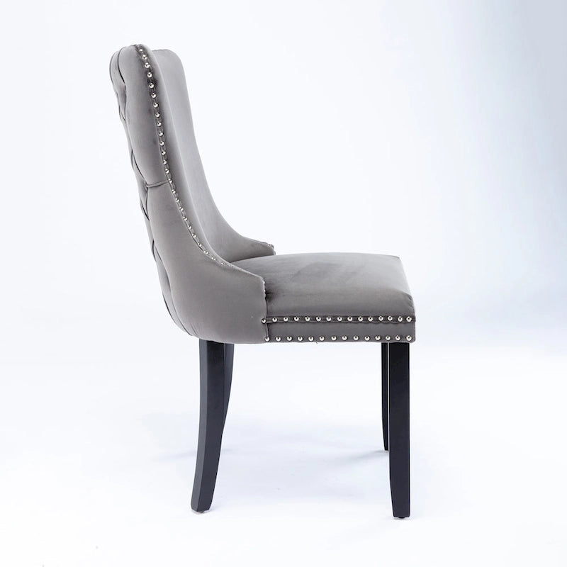 Chaise de salle à manger à oreilles en velours avec clous décoratifs et surpiqûres en losange bleues