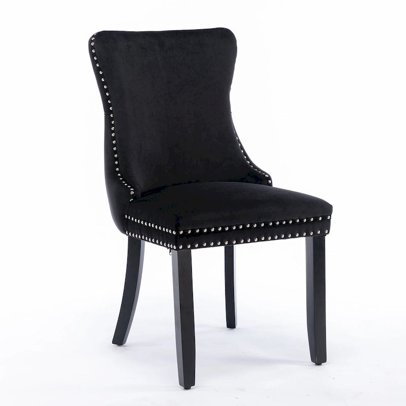 Chaise de salle à manger à oreilles en velours avec clous décoratifs et surpiqûres en losange bleues