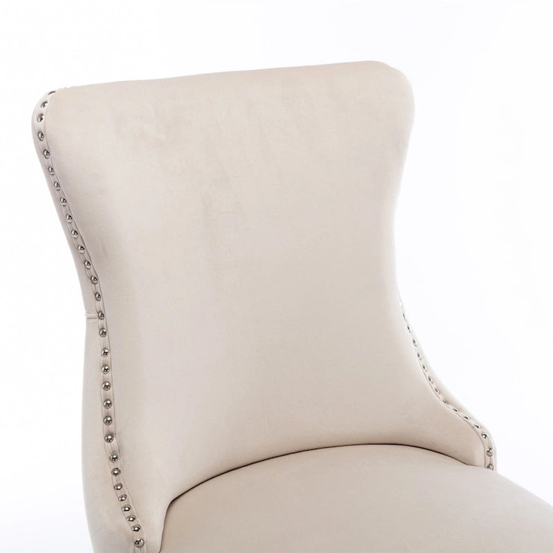 Chaise de salle à manger à oreilles en velours avec clous décoratifs et surpiqûres en losange bleues