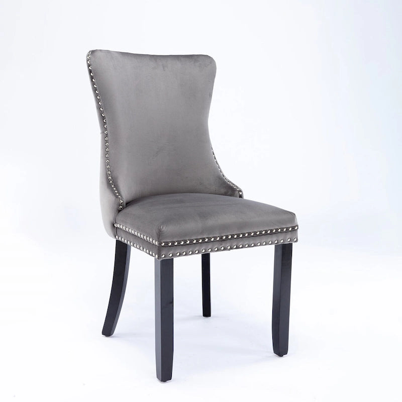 Chaise de salle à manger à oreilles en velours avec clous décoratifs et surpiqûres en losange bleues