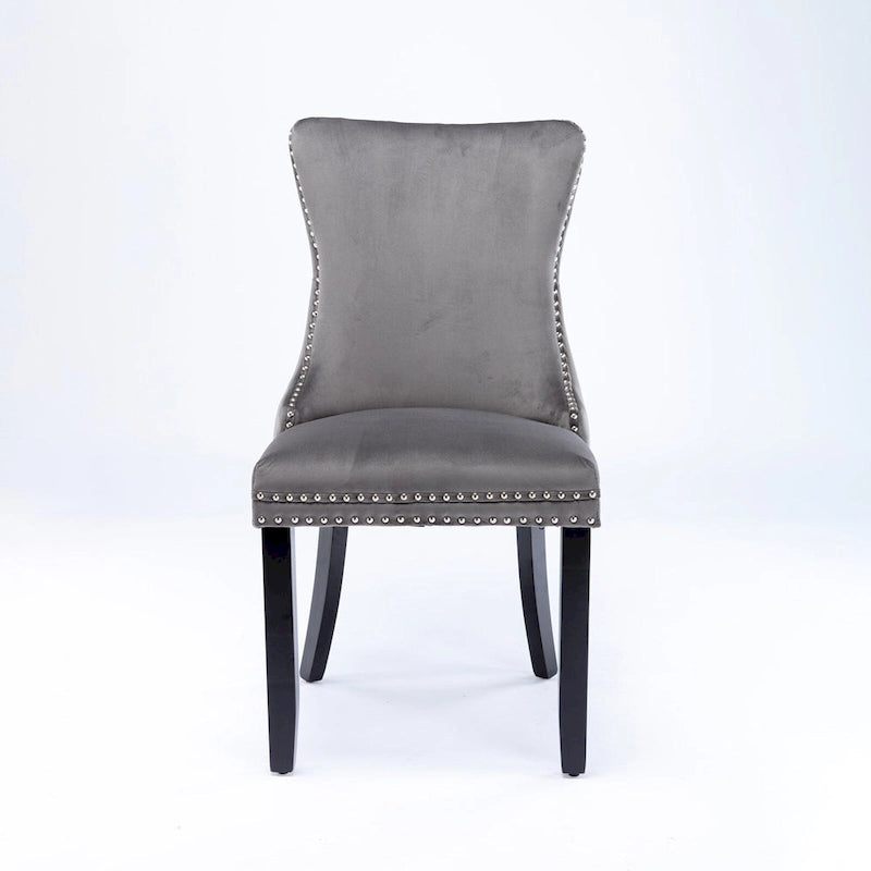 Chaise de salle à manger à oreilles en velours avec clous décoratifs et surpiqûres en losange bleues