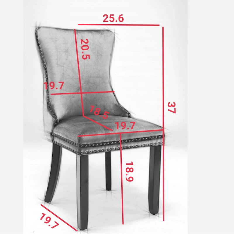 Chaise de salle à manger à oreilles en velours avec clous décoratifs et surpiqûres en losange bleues