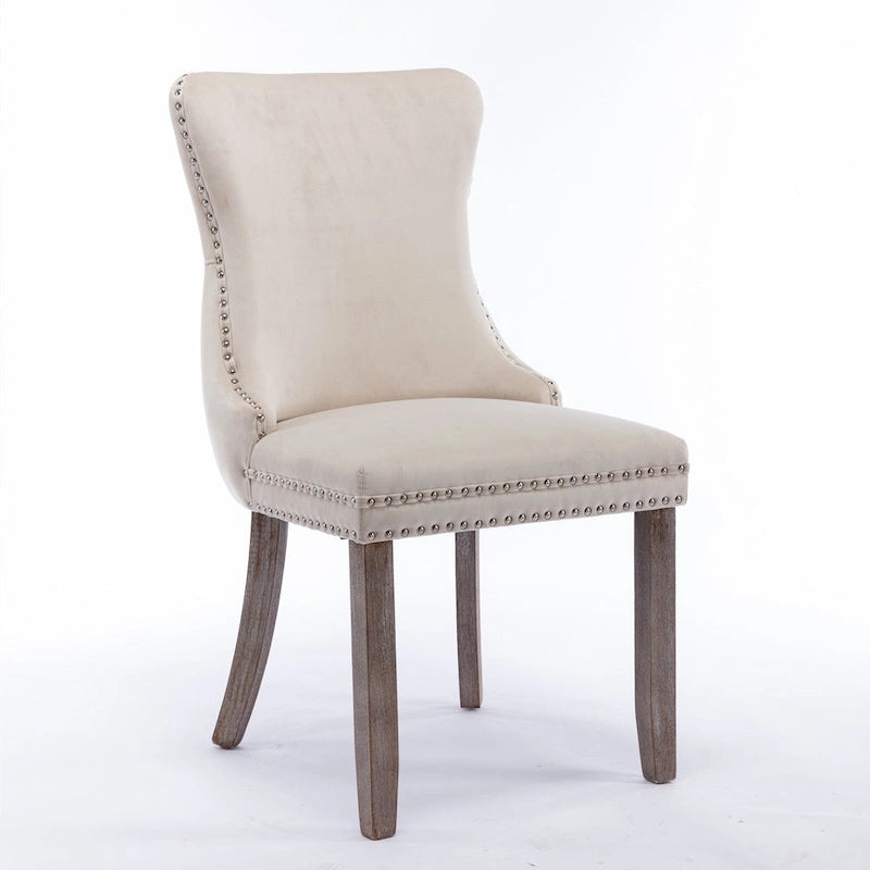 Chaise de salle à manger à oreilles en velours avec clous décoratifs et surpiqûres en losange bleues