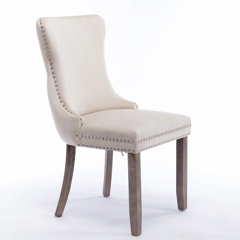 Chaise de salle à manger à oreilles en velours avec clous décoratifs et surpiqûres en losange bleues