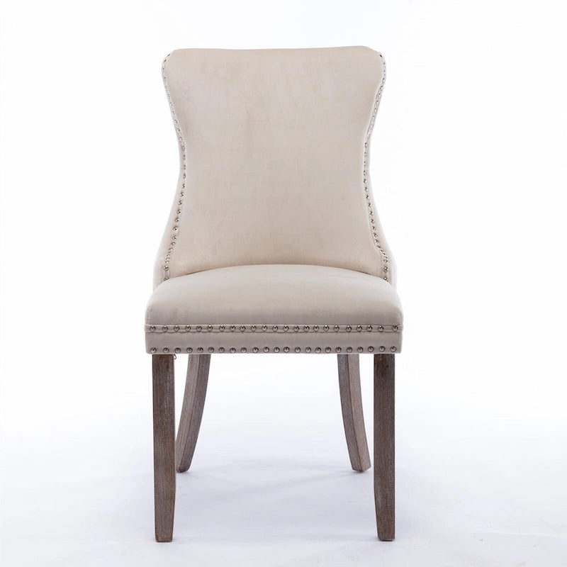 Chaise de salle à manger à oreilles en velours avec clous décoratifs et surpiqûres en losange bleues