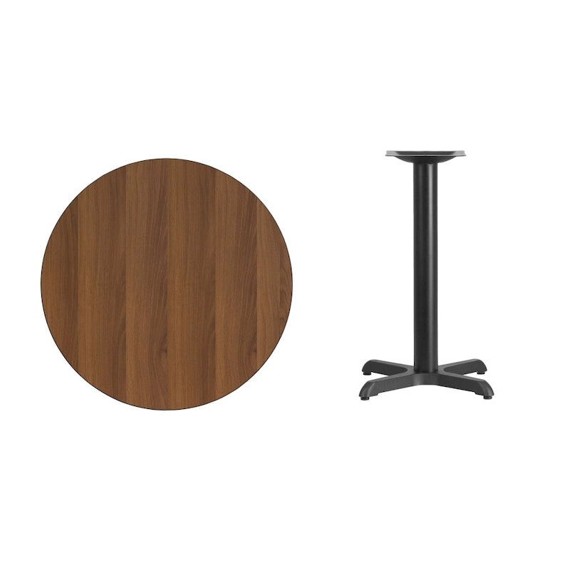 Table de salle à manger ronde en stratifié avec piétement en croix en fonte naturelle