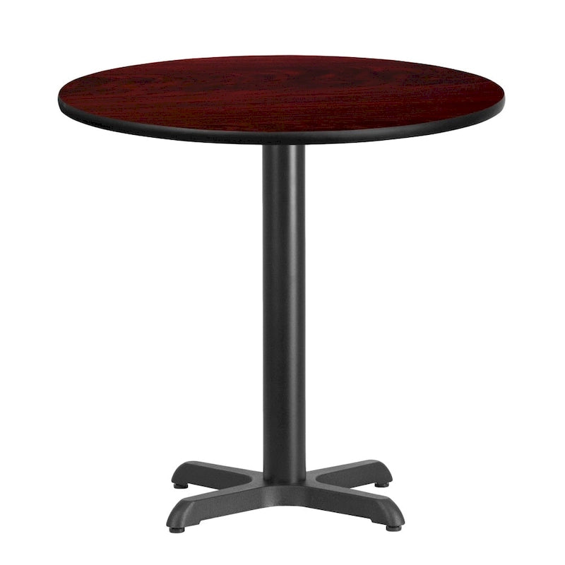 Table de salle à manger ronde en stratifié avec piétement en croix en fonte naturelle