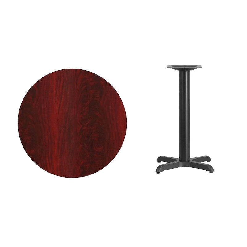 Table de salle à manger ronde en stratifié avec piétement en croix en fonte naturelle