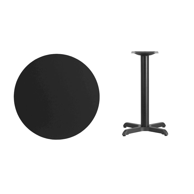 Table de salle à manger ronde en stratifié avec piétement en croix en fonte naturelle