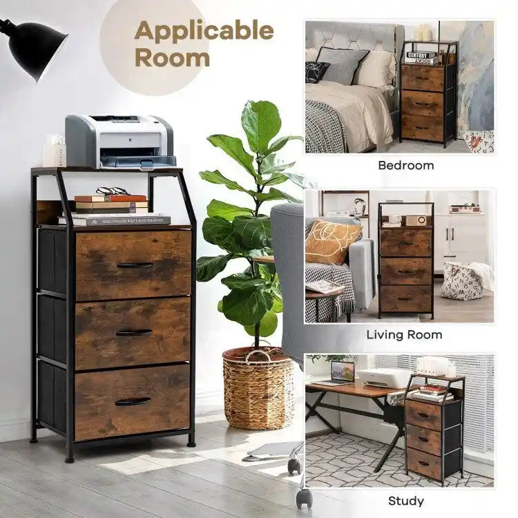 Commode de rangement en tissu avec étagère supérieure en bois, marron rustique