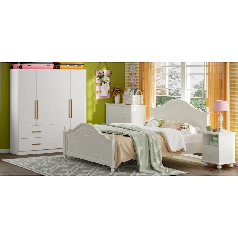 Grande Armoire-Penderie 4 Portes Autonome avec Tiroirs et Poignées en Bois Blanc
