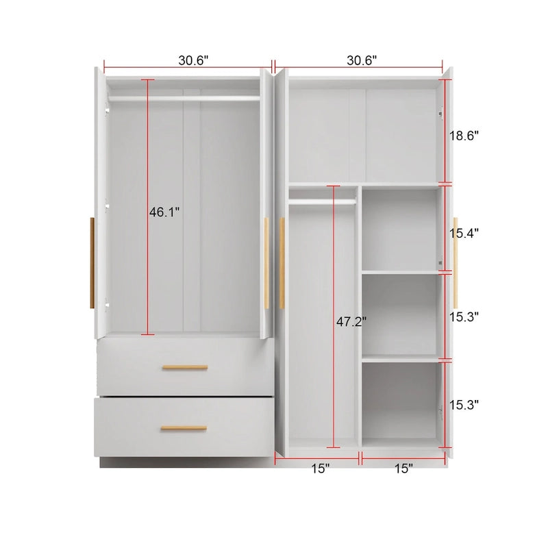 Grande Armoire-Penderie 4 Portes Autonome avec Tiroirs et Poignées en Bois Blanc