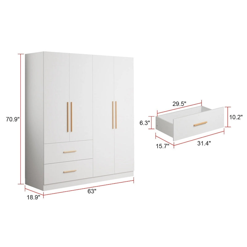Grande Armoire-Penderie 4 Portes Autonome avec Tiroirs et Poignées en Bois Blanc