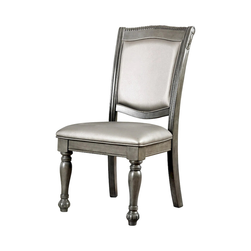 Chaise de salle à manger latérale traditionnelle en similicuir gris avec cadre en bois sculpté