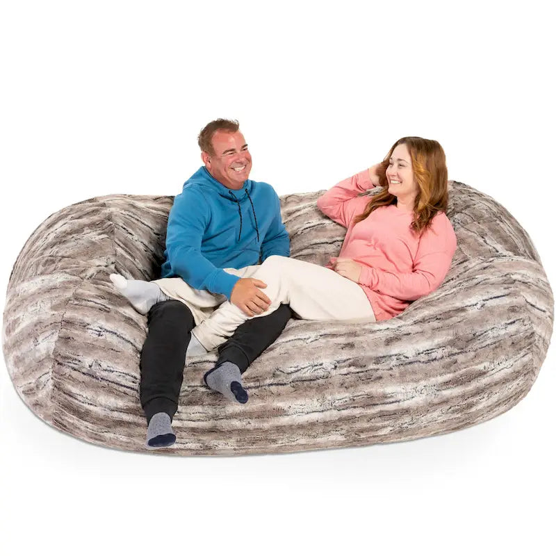 Pouf de salon géant en fausse fourrure de renard avec remplissage en mousse argenté