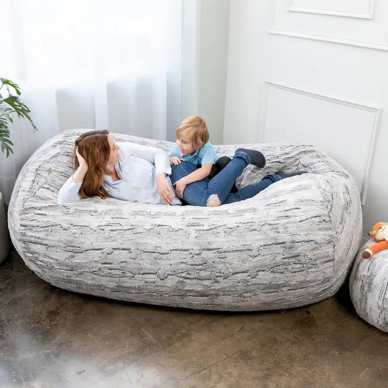Pouf de salon géant en fausse fourrure de renard avec remplissage en mousse argenté