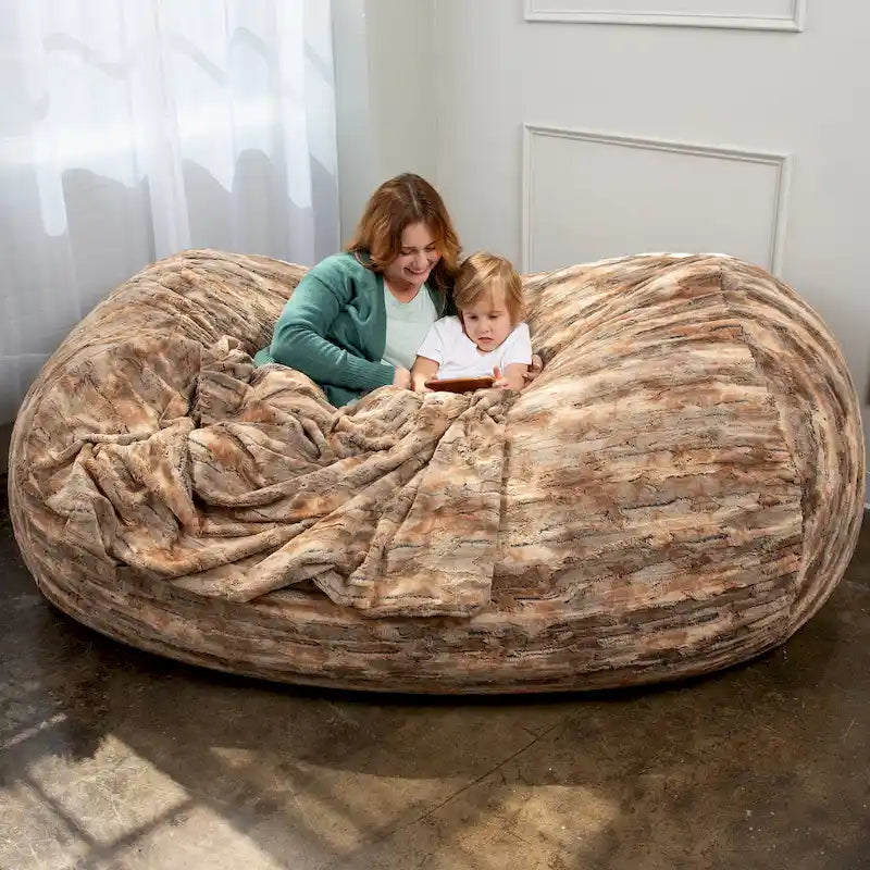 Pouf de salon géant en fausse fourrure de renard avec remplissage en mousse argenté