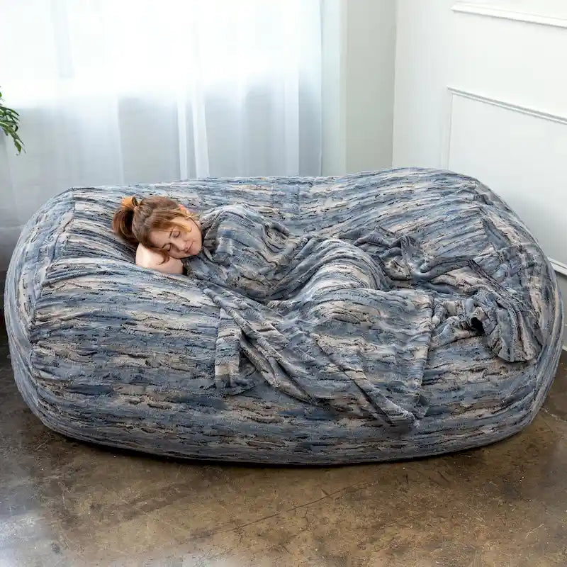 Pouf de salon géant en fausse fourrure de renard avec remplissage en mousse argenté