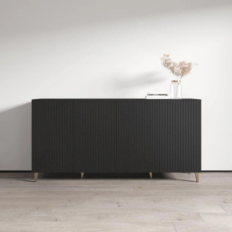 Buffet contemporain noir 4 portes mat avec pieds en métal