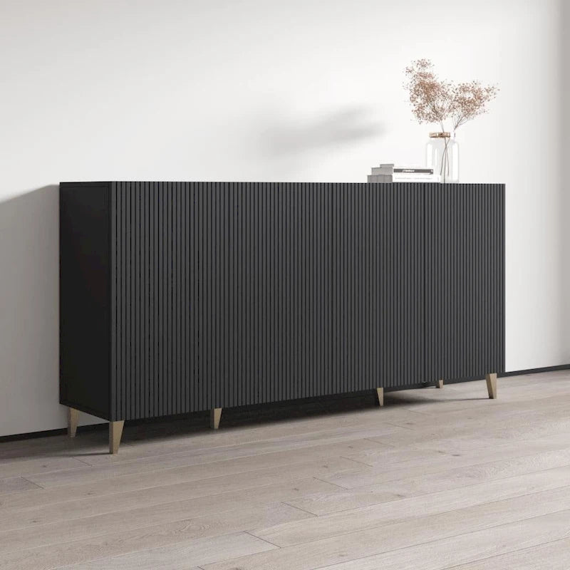 Buffet contemporain noir 4 portes mat avec pieds en métal