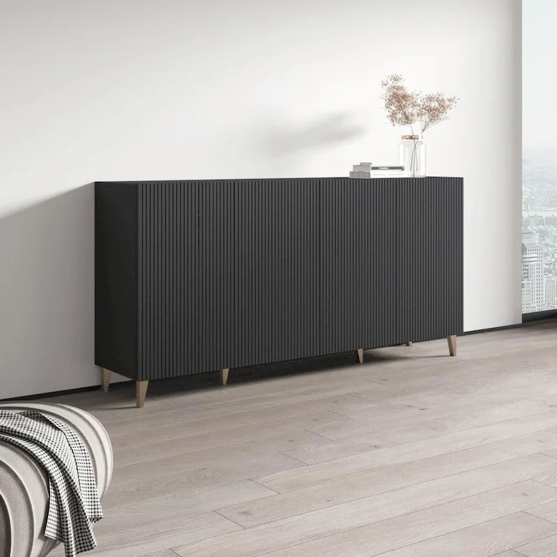Buffet contemporain noir 4 portes mat avec pieds en métal