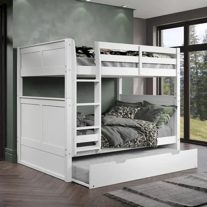 Lit superposé double en bois massif avec lit gigogne simple et tête de lit panneau blanc