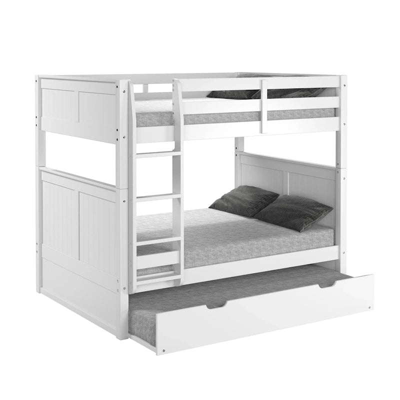 Lit superposé double en bois massif avec lit gigogne simple et tête de lit panneau blanc