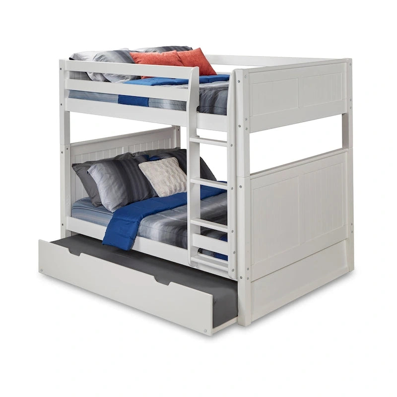Lit superposé double en bois massif avec lit gigogne simple et tête de lit panneau blanc