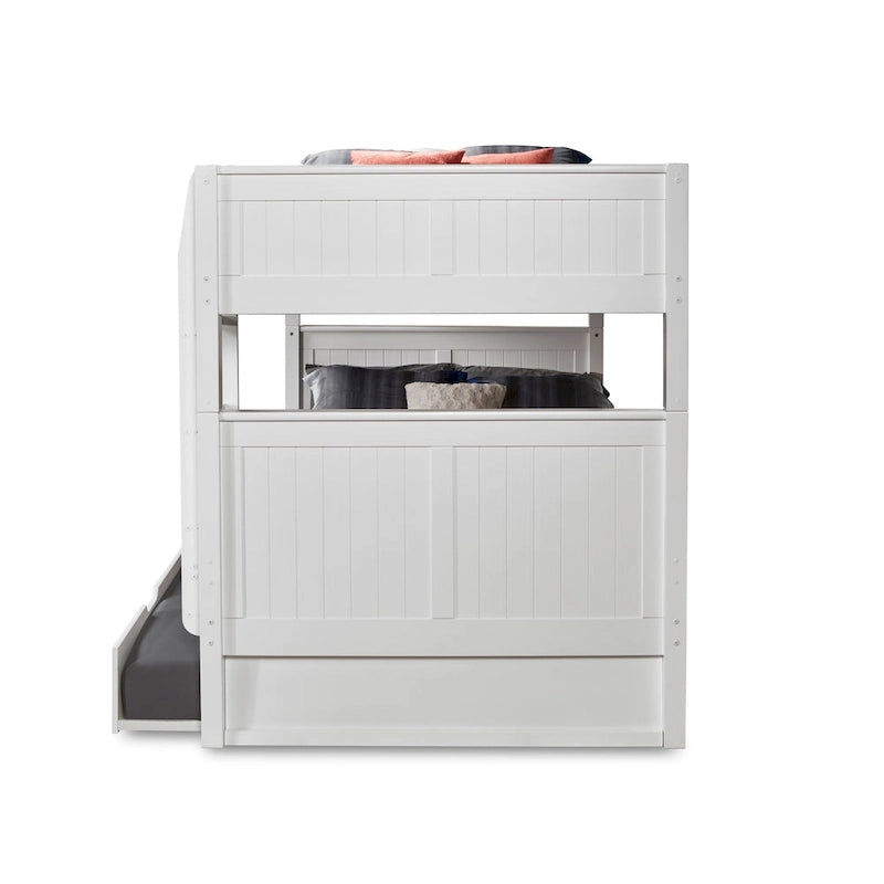 Lit superposé double en bois massif avec lit gigogne simple et tête de lit panneau blanc