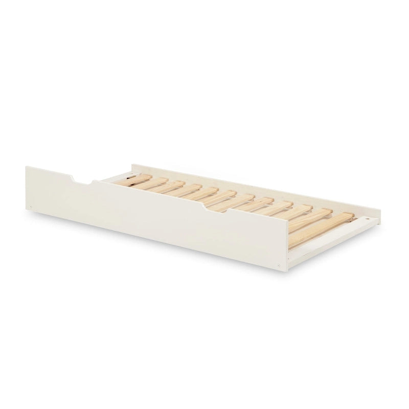 Lit superposé double en bois massif avec lit gigogne simple et tête de lit panneau blanc