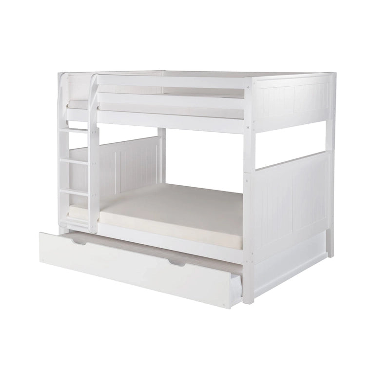 Lit superposé double en bois massif avec lit gigogne simple et tête de lit panneau blanc