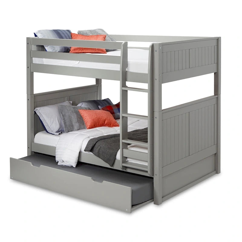 Lit superposé double en bois massif avec lit gigogne simple et tête de lit panneau blanc