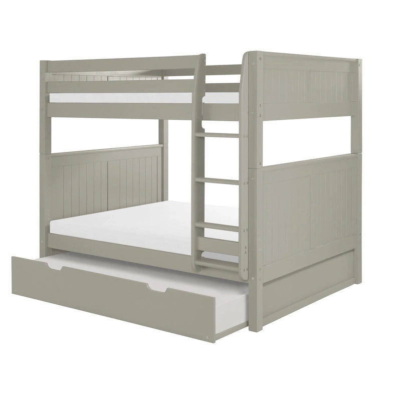 Lit superposé double en bois massif avec lit gigogne simple et tête de lit panneau blanc