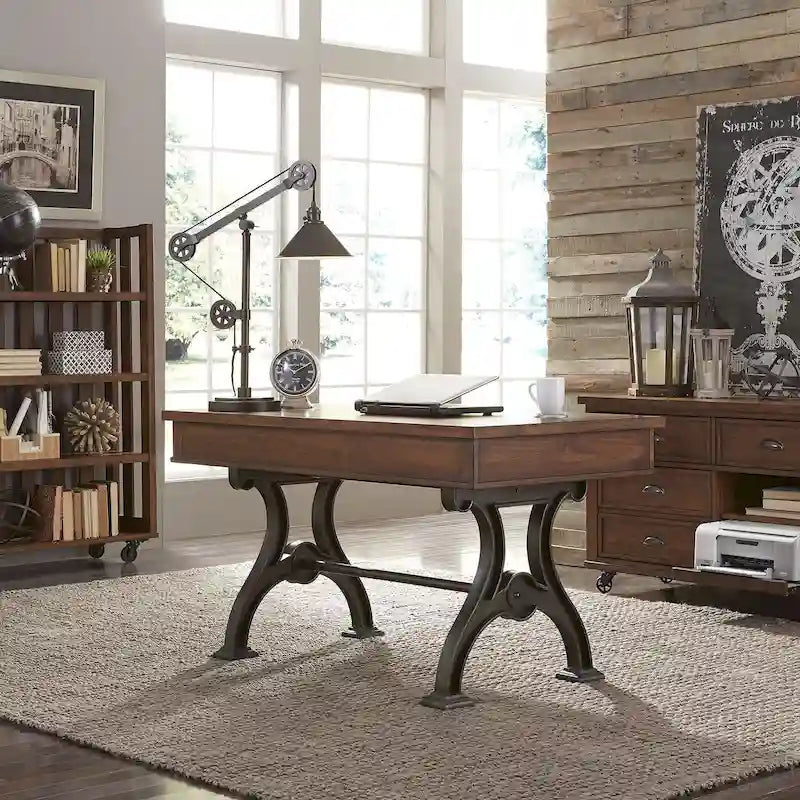 Bureau industriel avec piètement en arche en fonte, plateau plaqué acacia et 3 tiroirs marron