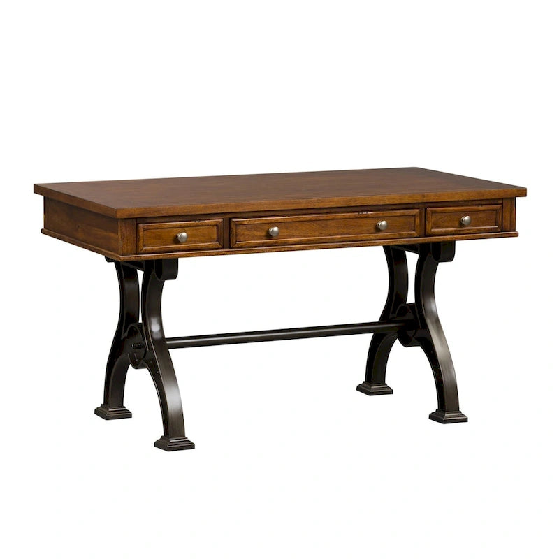 Bureau industriel avec piètement en arche en fonte, plateau plaqué acacia et 3 tiroirs marron
