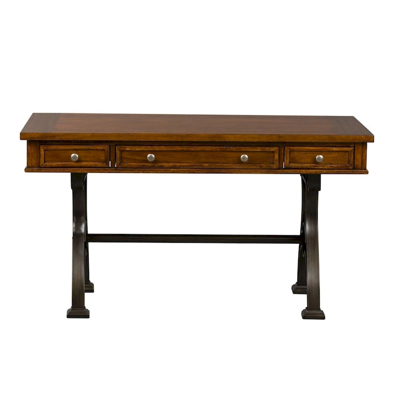 Bureau industriel avec piètement en arche en fonte, plateau plaqué acacia et 3 tiroirs marron