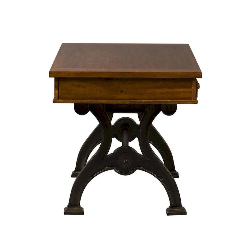 Bureau industriel avec piètement en arche en fonte, plateau plaqué acacia et 3 tiroirs marron