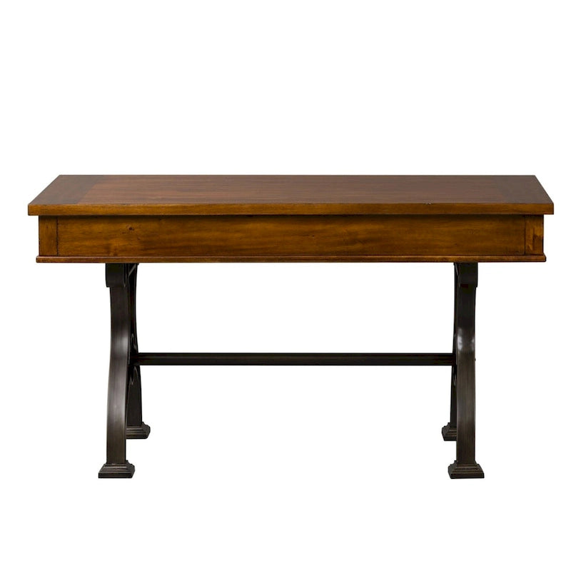 Bureau industriel avec piètement en arche en fonte, plateau plaqué acacia et 3 tiroirs marron