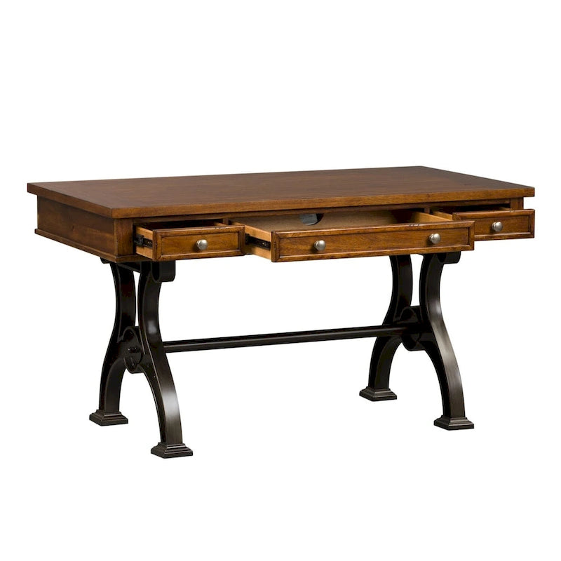 Bureau industriel avec piètement en arche en fonte, plateau plaqué acacia et 3 tiroirs marron